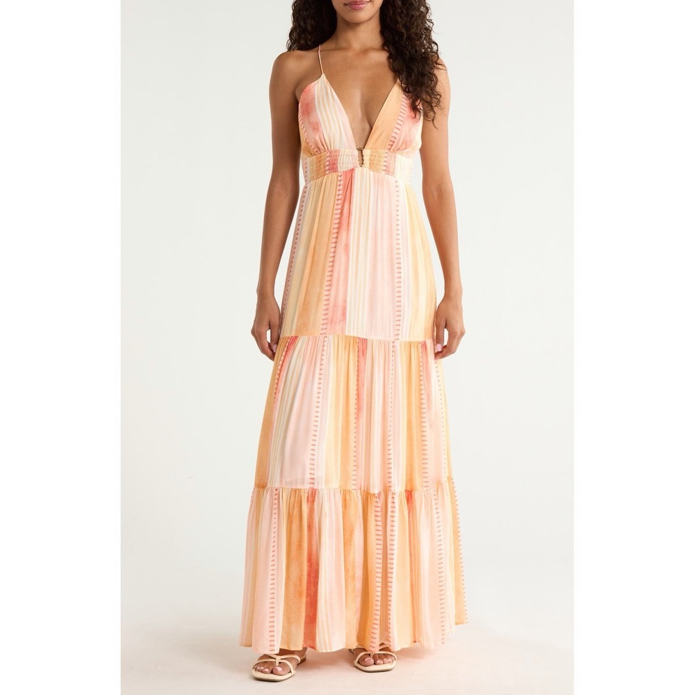 Elan Print Tiered Halter Maxi Dress Orange Coral